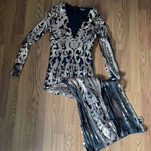 Sequin high slit long sleeve dress